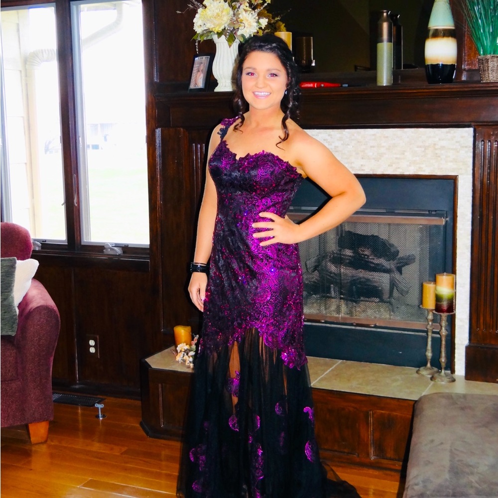 Maggie Sottero One Shouldered Purple and Black Prom Gown